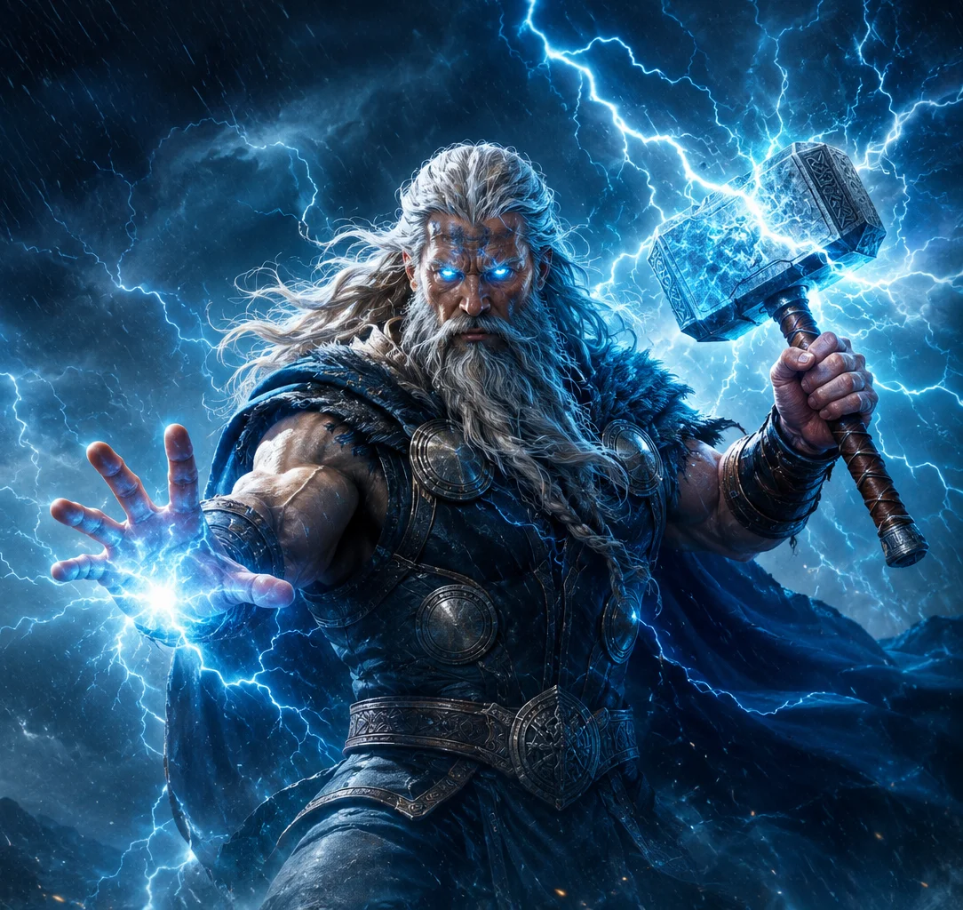 Dio Thor davanti a un tempio dorato tra lampi, rune e atmosfera da casinò nordico