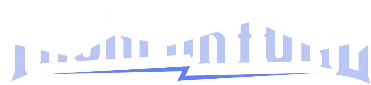 Logo ThorFortune con Mjölnir dorato, rune norrene e fulmini blu