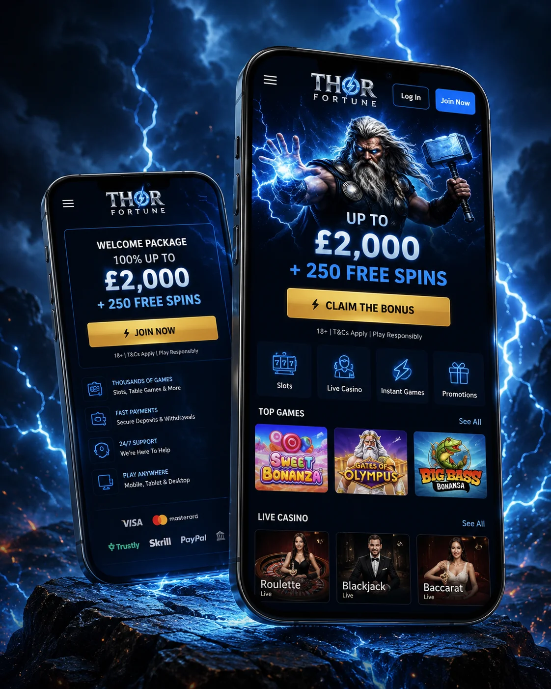 Interfaccia mobile ThorFortune con Mjölnir, oro e fulmini su smartphone